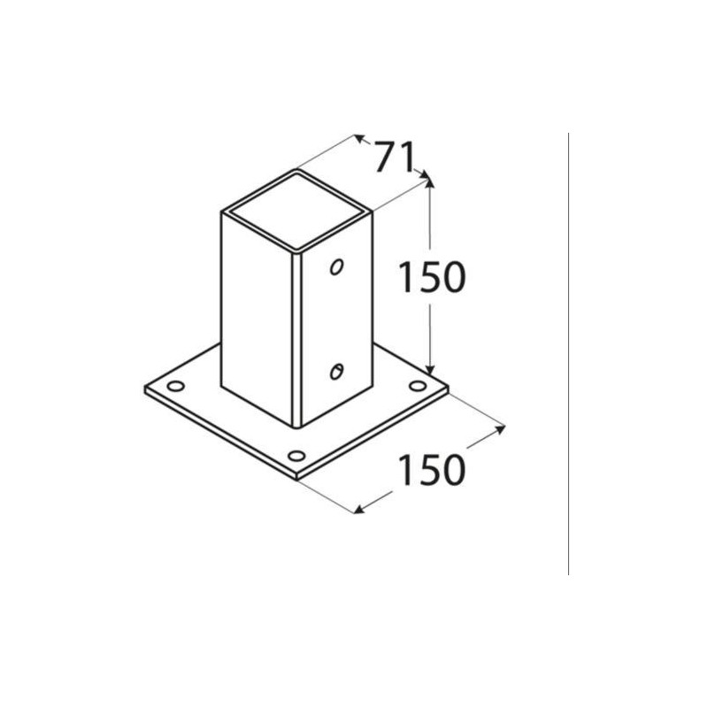 ANCLAJE PLANO PARA POSTES 7X7 CM. 71X150X150 MM.